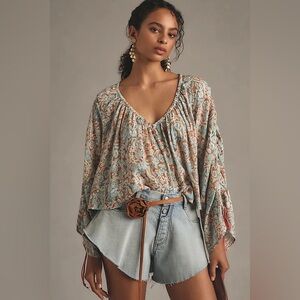 Anthropologie Balloon Sleeve Shirred Blouse Medium Cropped Wild Flowers